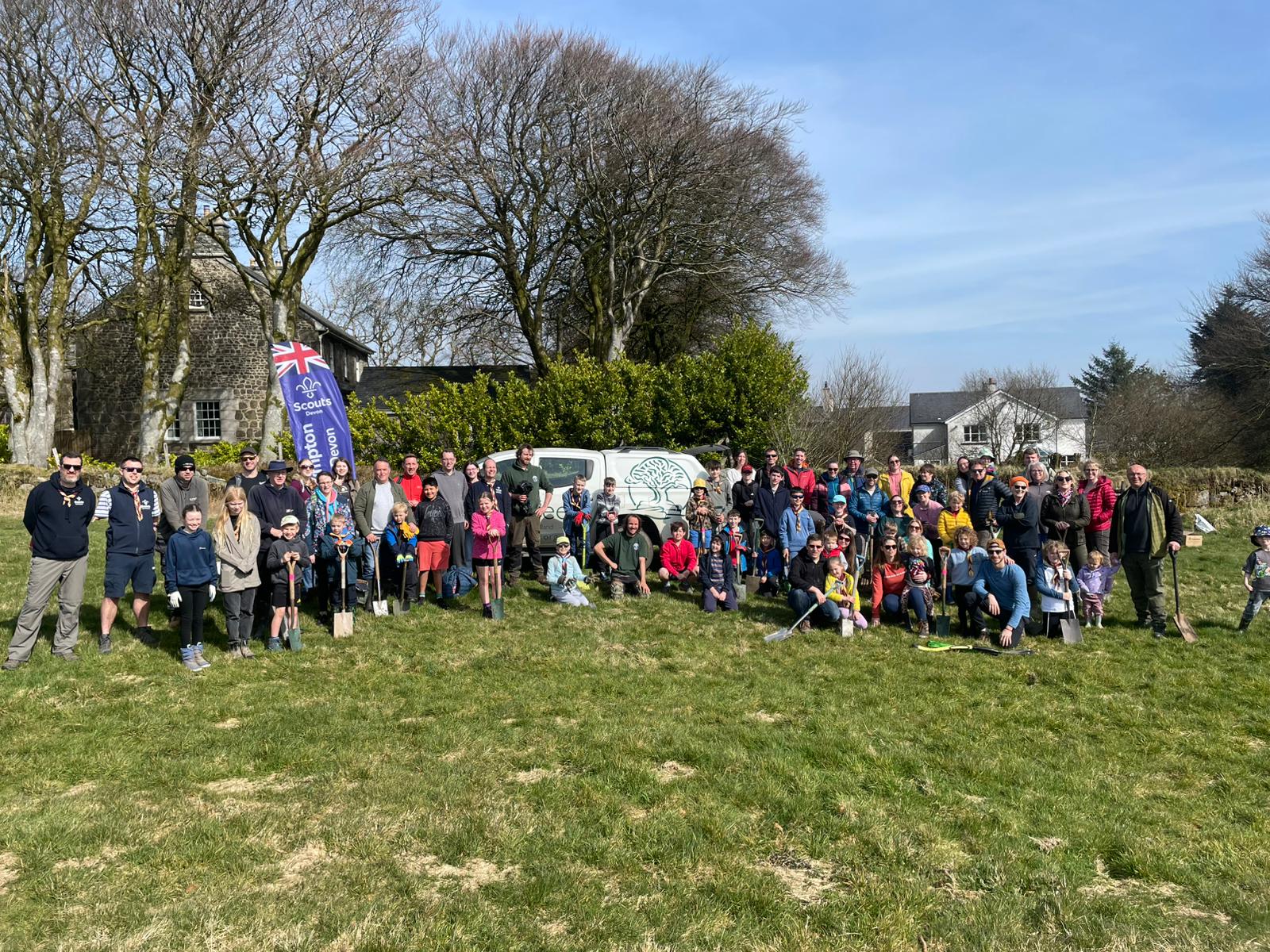1st Plympton Scout Group and Moor Trees at tree planting site in Jubilee Field, Princetown, Dartmoor.
